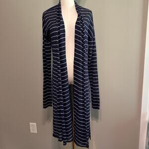 HIHO BVI Cardigan Cover Up Midi 100% Linen SZ L Open Front Blue White Striped